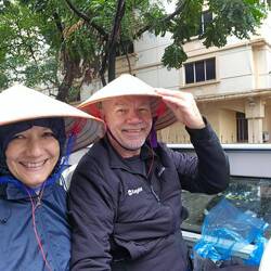 On the bus to see the sights, it was a bit cold and rainy but we had hats to ward it off