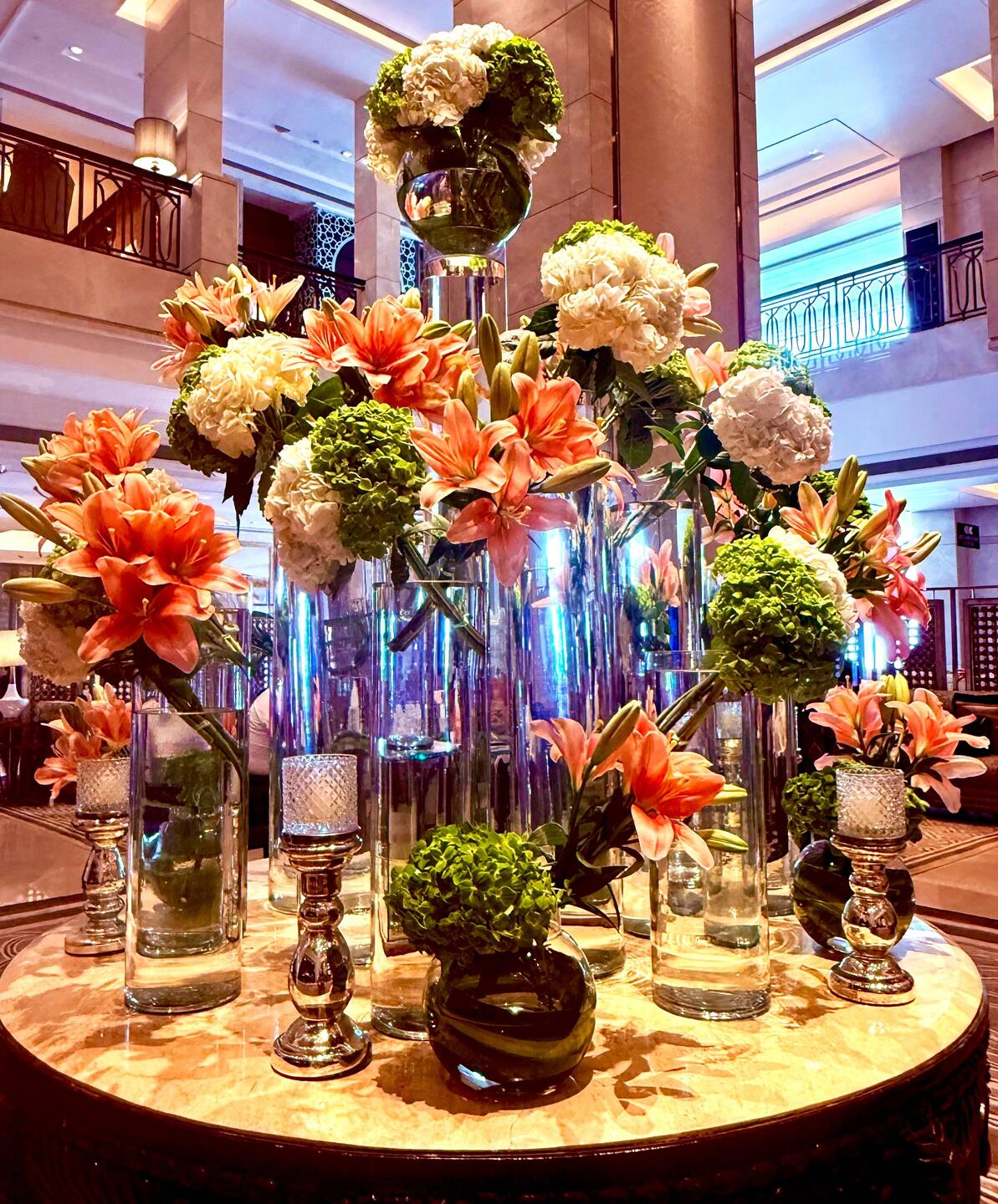 The gorgeous lily and hydrangea arrangement in the lobby