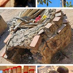 Palm sugar production. Mid-sized palm nuts are squeezed, the juice is boiled down, then formed