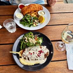 Chris chose fish and chips for dinner and Chels had roasted eggplant and hummus. Both very good!