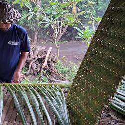 The fellow was weaving the palm fronds.