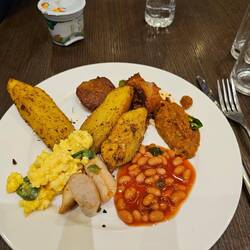 It doesn't look like much, but the lounge food was delicious, very hot, and Jalapeños everywhere!