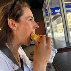 Chelsea trying her first pie. Went with vegetarian curry