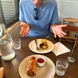 Chris always impressed with our food. Breakfast was flat whites, falafel wrap, and vegan curry roll