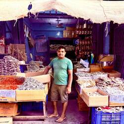 Dried fish stall with shopkeeper