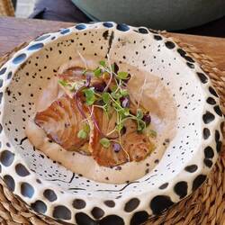 Thunfisch mit Pilzcremesoße.