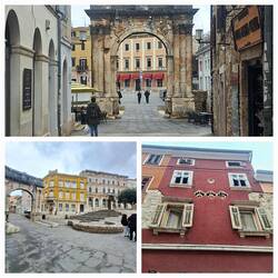 Sergierbogen, römischer Ehrenbogen und interessante rote Fassade