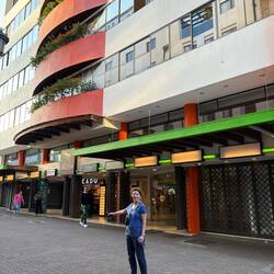 Jane in front of our hotel, hotel Balmoral
