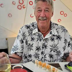 The old boy in his new shirt with his California rolls!