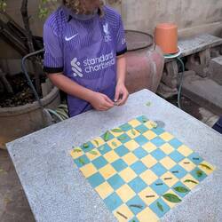 Boys created chess pieces using natural materials and a specialized coding system
