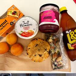 Chels' hiking snacks - coconut yogurt and granola, crackers and hummus, apricots, date scone