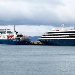 Ortelius looks so small in its berth between the other vessels — Ushuaia, Argentina.
