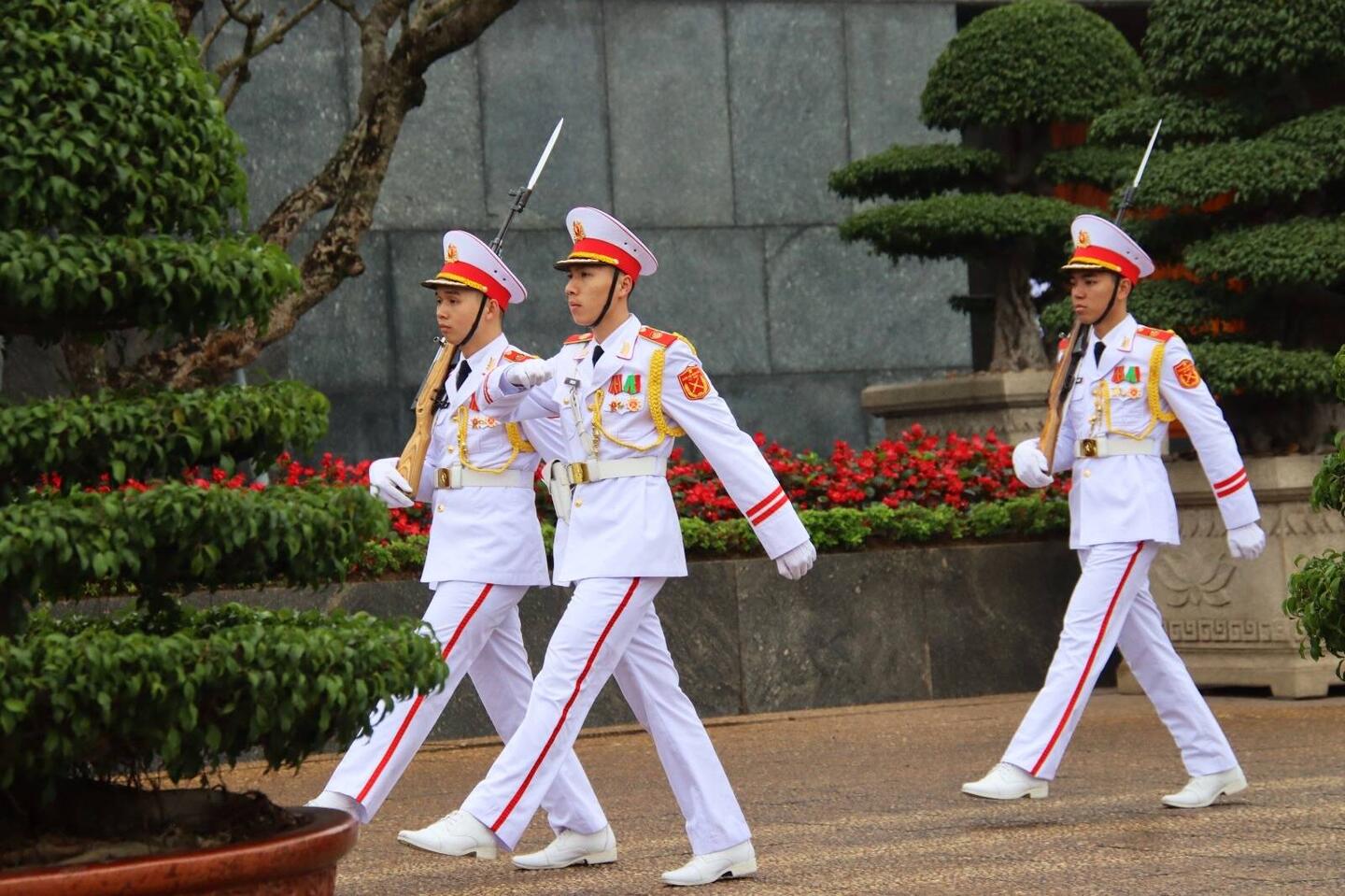 Guard at Ho Chi Minh's mausoleum changes every 20 minutes.