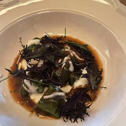 Kale gnocchi with chicken jus