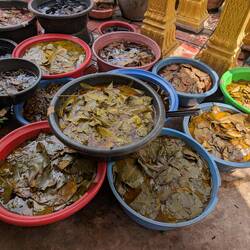 At the silk shop. They use various leaves to dye silk fabric