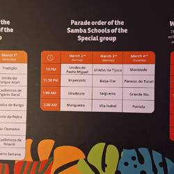 The schedule for the Rio carnival in the Sambadrome.