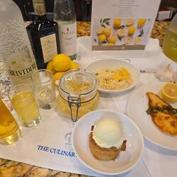 Menu- chicken breast with fried capers, risotto, lemoncello desert, pickled lemons.