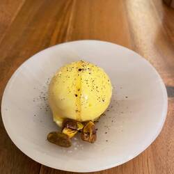 Bay leaf ice cream, pepper, honey, salted pistachios