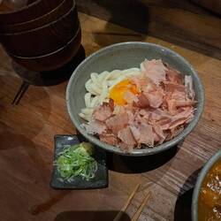 udon carbonara with bonito