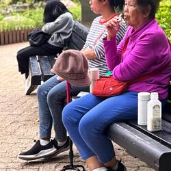 Der Seniorin ist es egal – sie genießt den Park still.