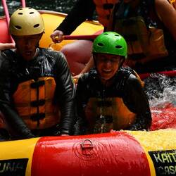 Us at the front of the boat before being stuck straight into a waterfall