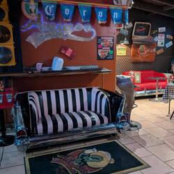 Amigos Burgers and Beer. Really cool inside. The Sonoran Hot dogs were soooo good.