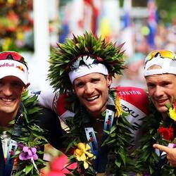 Deutsches Podium 2016 beim Ironman auf Hawaii: Sebastian Kienle, Jan Frodeno und Patrick Lange