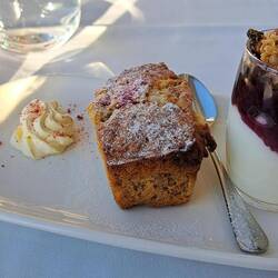 Starter: Banana and Strawberry mini loaf, w/ whipped butter & topped w/ dried raspberries.