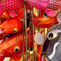 Buntes Deko-Potpourri im Kitschkloster: Fisch auf Abstellwagen