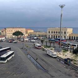 The view of the bus and train station (and Ionian Sea) from our room.