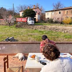 Mit Bagger Lärm im Hintergrund, der die Straße planiert