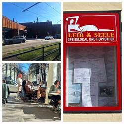 Leib & Seele - Biergarten mit Gästen in bayrische Tracht