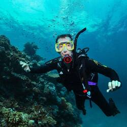 Chris sucking his air down on the first dive!