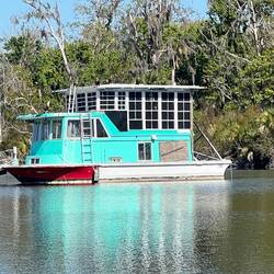 Looks like a homemade houseboat, anchored along the Salt Springs run.