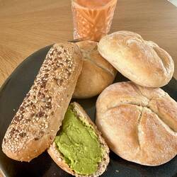 Home in time for a snack of fresh bakery rolls, jalapeño guacamole,and salmorejo