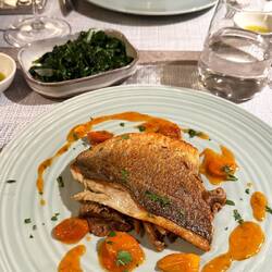 Dorade gegrillt mit Pilzen und Tomatenkonfit