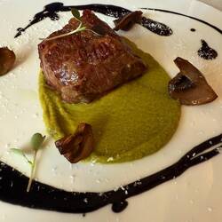 •PRESA IBERICA (Iberian Pork Shoulder Cut) - ZUCCHINI AND GREEN OLIVES, - TORTA DE LA SERENA PDO CHE