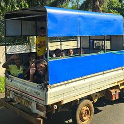 Kids on their way somewhere, drumming and singing