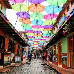 On the streets of Guatapé. The house decorations ("zocalos") are beautiful.