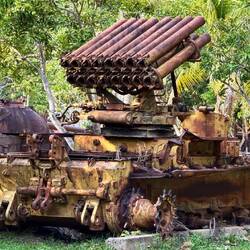 A Soviet BM-14 rocket launcher atop a T-54 used by the Khmer Rouge.