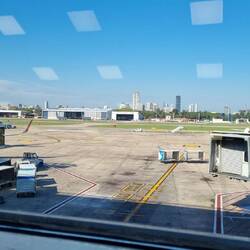 Waiting for our plane at the airport in the city