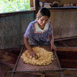 Getrocknete Masse wird durch das "Sieb" gerieben