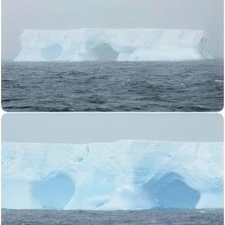 Snowy mist starts veiling the iceberg, which in the bottom photo, looks like a drowning man.