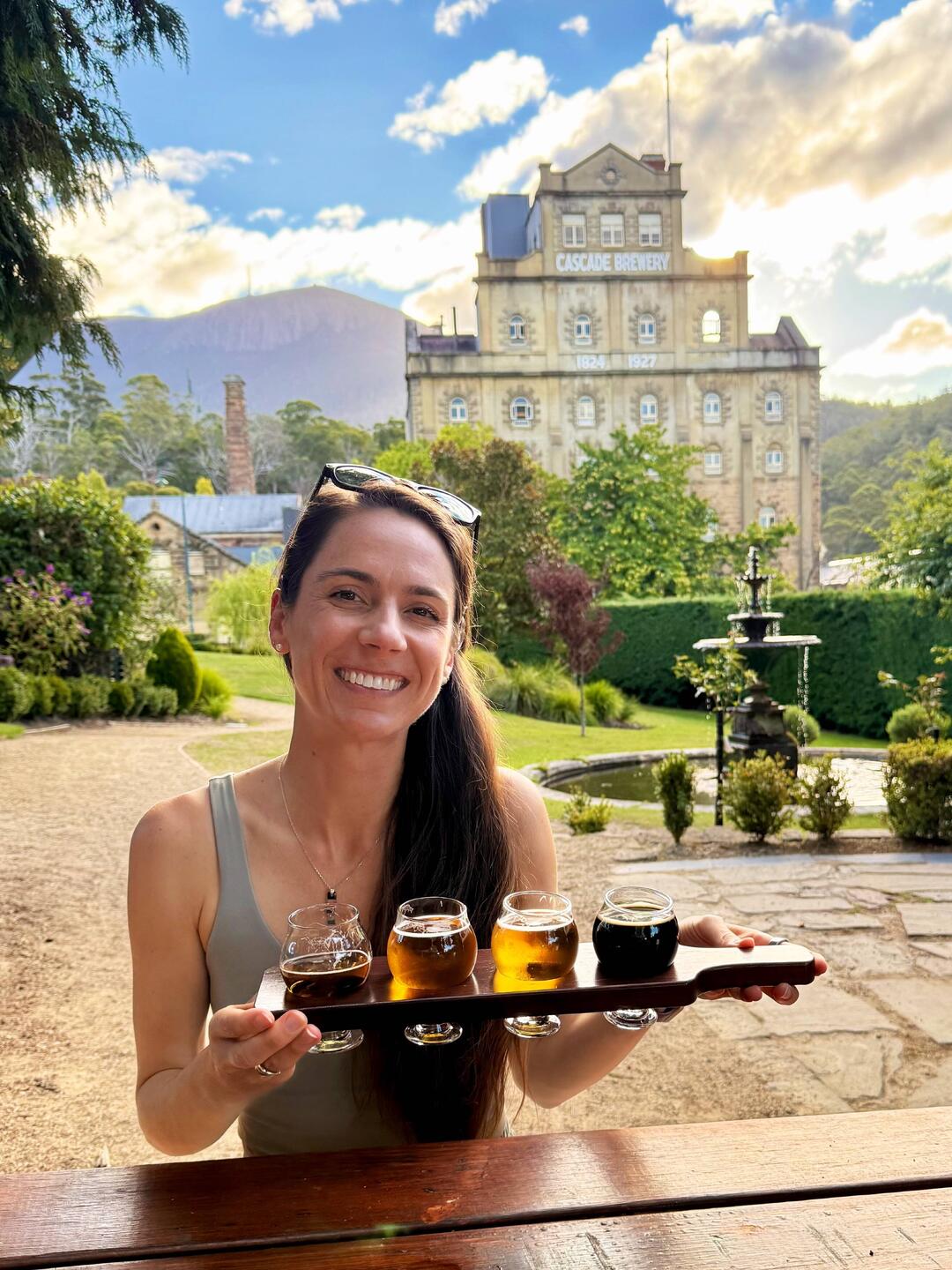 Chels modeling our tasting at Cascade Brewery