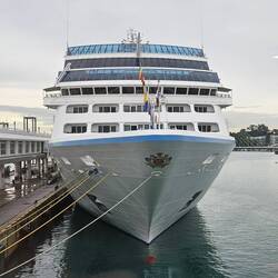 Rare head-on view of Insignia from the passageway to the cruise center.