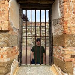 Chris modeling how the captives may have felt