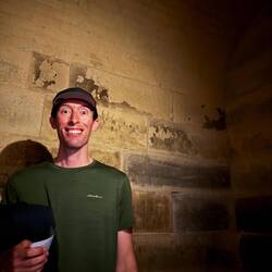 Chris modeling solitary confinement at the stricter prison. Convicts were sent here if they talked