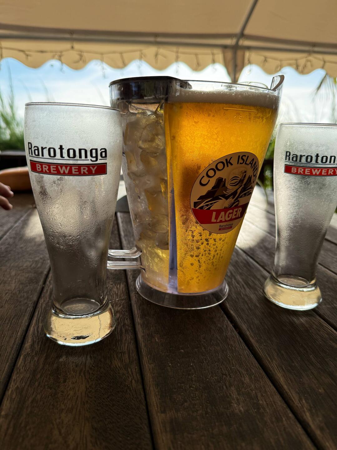 Jugs have a side for ice to keep the beer cold