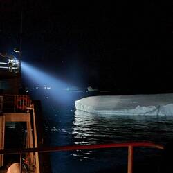 Manoeuvring into Petermann Island using the searchlights