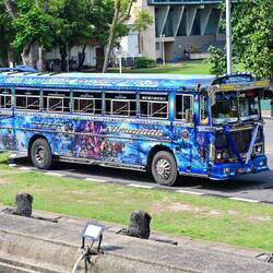 One of the insanely-driven blue buses, stationary for a change
